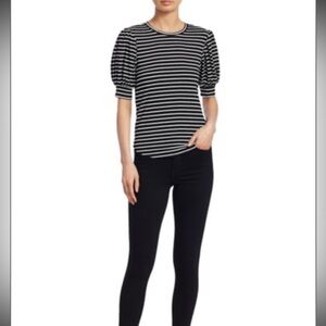 FRAME Black and White Stripe Tee with Puff Short Sleeves